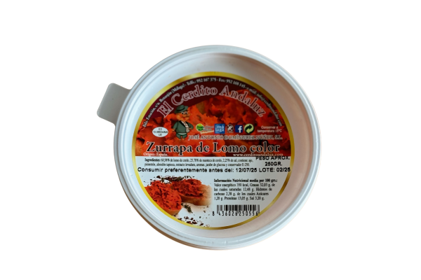 250g jar of Zurrapa de Lomo Color, traditional Andalusian pork loin spread for breakfast.