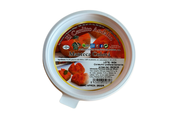 Manteca Colorá artisanale andalouse, pot de 250g, saindoux traditionnel pour petits déjeuners et ragoûts.